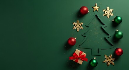 Minimalist christmas tree decoration arrangement with ornaments and gift