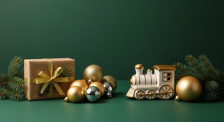 Festive christmas decorations including a train and gift box