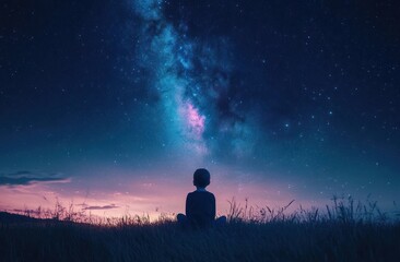 silhouette of a child sitting in a grassy field at dusk gazing at a vibrant milky way and star-filled sky, evoking wonder and peaceful solitude