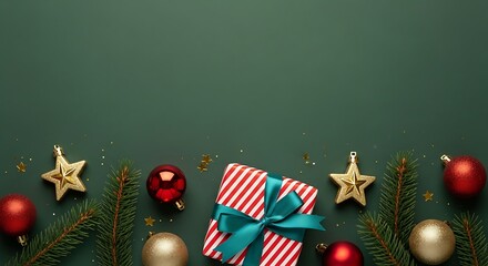Festive christmas decorations and gift box on a dark green background