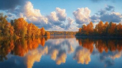 Peaceful autumn landscape with golden and orange trees lining a calm reflective lake under fluffy white clouds mirrored in still blue water, serene warm light