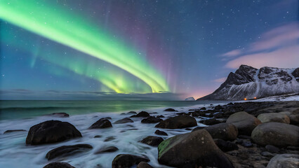 Vibrant green and purple aurora borealis illuminating the night sky over a rugged, rocky beach with ocean waves and snowcapped mountains under a starry expanse