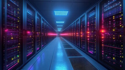 long symmetrical server room aisle lined with illuminated rack cabinets, neon blue and magenta led lights, reflective floor and ceiling panels conveying a futuristic, awe-inspiring atmosphere