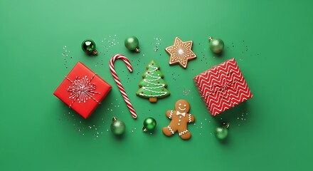 Festive christmas ornaments and decorations on a green background