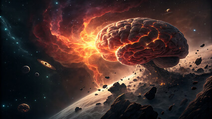 Cosmic brain with fiery explosion in deep space, representing intelligence, creation, and the universes mysteries