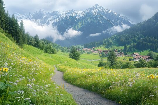 Winding path through a wildflower meadow leading to a serene alpine village nestled in a lush valley beneath misty snow-capped mountains - Powered by Adobe