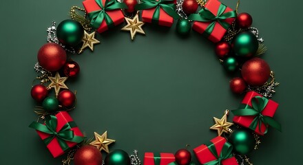 Festive christmas wreath with red and green ornaments and gold stars