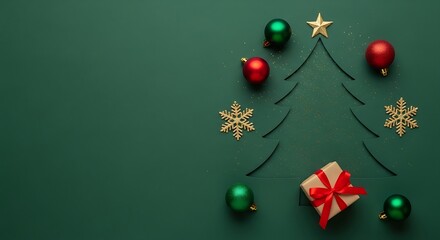 Minimalist christmas tree shape with ornaments and gift on green background