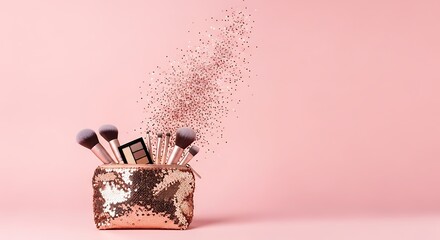 Sparkling makeup brushes in a sequined pouch with pink glitter