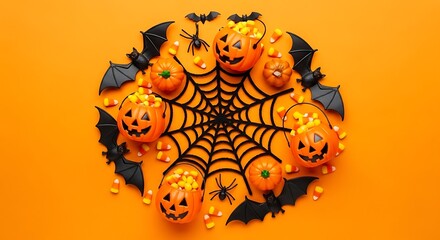 Spooky halloween treats arranged in a spiderweb design