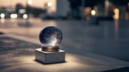 Crystal ball reveals cosmos on city street at dusk.