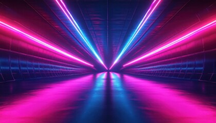 symmetrical neon-lit futuristic tunnel with reflective floor in vivid pink and blue, glowing corridor evoking an energetic surreal high-tech atmosphere