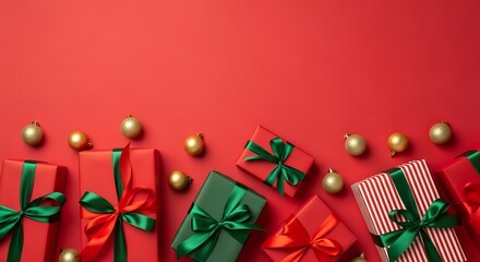 Festive christmas gifts and ornaments on a red background