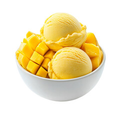 Yellow mango ice cream scoop in bowl, isolated sweet tropical fruit dessert, cold frozen sorbet gelato closeup, creamy delicious summer refreshment treat