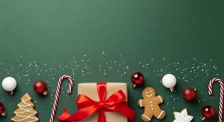 Festive christmas decorations and gifts on a green background