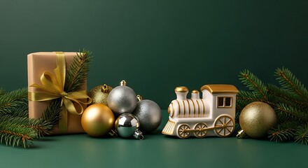 Festive christmas decorations including a toy train and ornaments