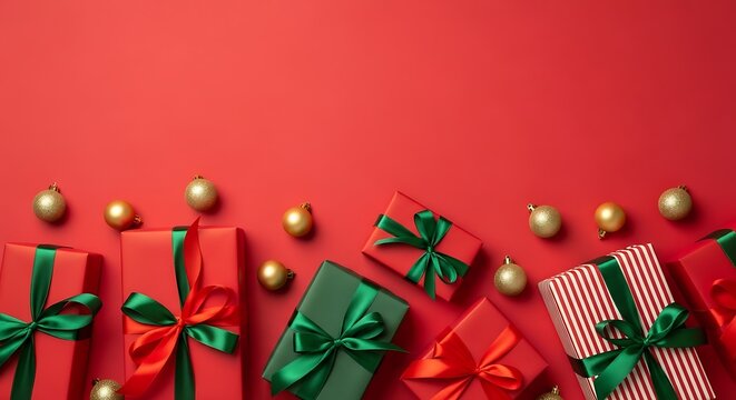 Festive christmas gifts and ornaments on a red background - Powered by Adobe