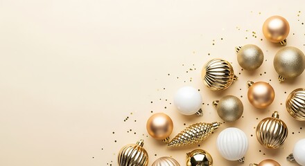 Elegant gold and white christmas ornaments scattered on a neutral background