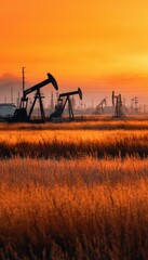 Fototapeta premium Autumn Oilfield at Sunrise with Silhouetted Pumpjacks and Glowing Grass