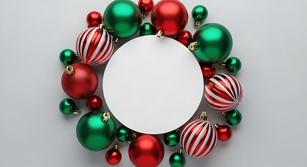 Festive christmas ornaments arranged around a blank oval for text