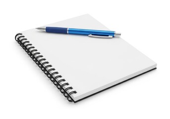 Spiral notebook and blue pen isolated on white background