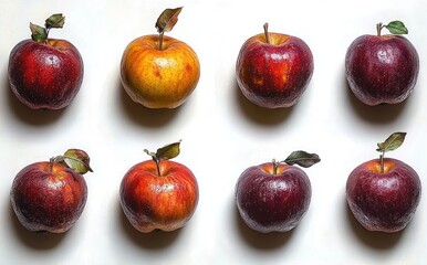 eight glossy apples arranged in two neat rows on a white background, mostly deep red with one golden apple, some with leaves, conveying fresh crisp orderly simplicity