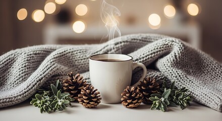Cozy winter scene with hot drink and pinecones