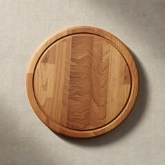 Round wooden cutting board on white linen background kitchenware accessory for food preparation and serving in minimalist style with groove edge top view