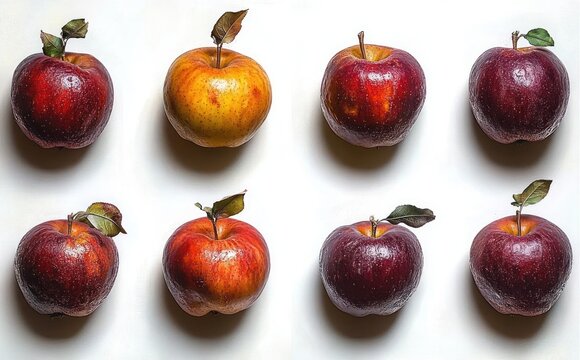eight glossy apples arranged in two neat rows on a white background, mostly deep red with one golden apple, some with leaves, conveying fresh crisp orderly simplicity