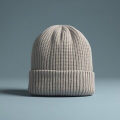 Knitted light beige color beanie hat on blue background winter headwear fashion accessory for cold weather warm clothing in minimalist style front view studio shot