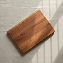 Simple wooden cutting board on white linen background with shadow overlay kitchenware accessory for food preparation and serving in minimalist style top view
