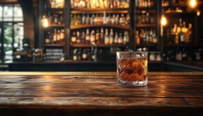 single crystal tumbler of amber whiskey with ice on a worn wooden bar counter, blurred shelves of bottles and warm lights creating a cozy contemplative evening mood