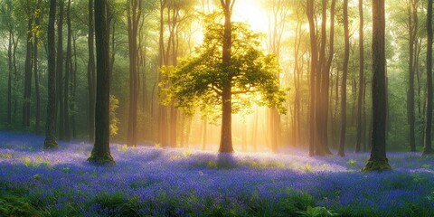 Sunlit solitary tree in a misty forest surrounded by a carpet of blue wildflowers, golden rays creating a serene and magical morning atmosphere