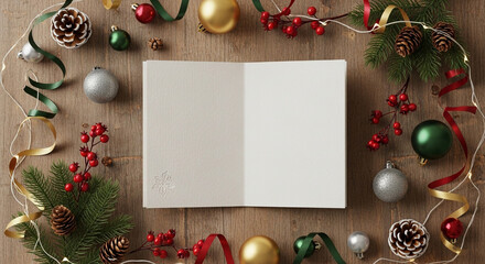 Festive christmas card mockup surrounded by ornaments pine cones berries and ribbons on a rustic wooden background perfect for holiday greetings