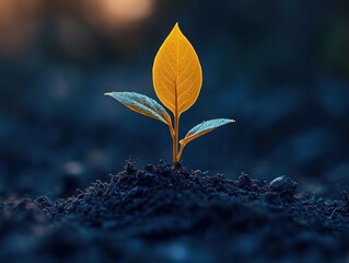 Young seedling with a glowing golden central leaf and two dew-kissed blue-green side leaves emerging from dark soil, evoking hope and quiet resilience