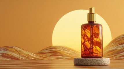 Naklejka premium Elegant Massage Oil Bottle with Golden Highlights in Minimalist Setting