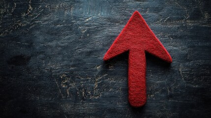 single red felt upward arrow on dark textured wooden surface conveying determination and forward momentum
