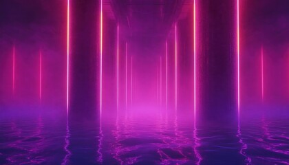 neon pink and purple underpass with illuminated concrete columns rising from reflective water, foggy haze and a surreal futuristic mysterious atmosphere