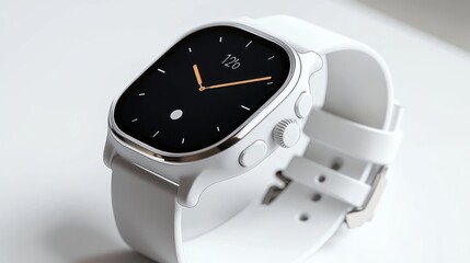 close-up of a sleek white smartwatch with black minimalist analog face, orange hands, silver crown and side buttons conveying modern elegant design