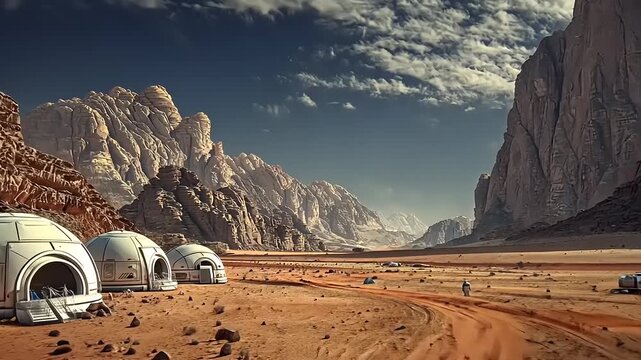 Futuristic settlement in a Martian landscape with domed habitats and a lone explorer on a dusty path