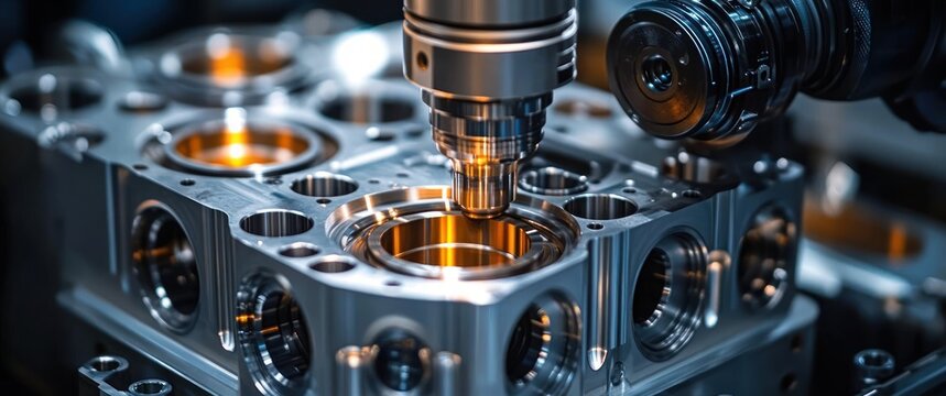 cnc milling cutter machining a metal engine block with circular cylinder bores and an inspection camera nearby, glowing reflections, conveying precision and industrial focus