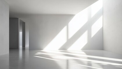 Fototapeta premium Minimalist empty white interior with diagonal sunlight casting geometric shadows, open doorway and reflective floor, calm serene atmosphere