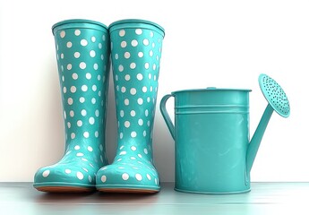 teal polka dot rain boots beside matching teal watering can on wooden floor, bright cheerful spring gardening scene