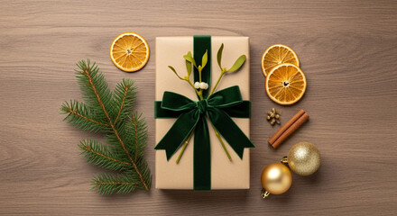 Beautifully wrapped christmas gift with green velvet ribbon and festive decorations on a wooden surface creating a warm holiday atmosphere