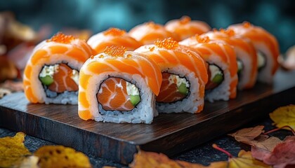 Fresh salmon sushi rolls topped with vibrant orange fish roe on a dark wooden board, filled with avocado and creamy cheese, surrounded by autumn leaves, warm appetizing mood