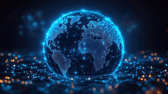 Glowing blue digital globe with dotted continents and interconnected network nodes, neon mesh and bokeh lights conveying futuristic global connectivity and data flow - Powered by Adobe