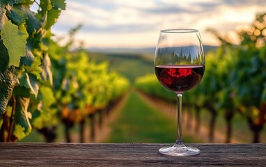 Single glass of red wine on wooden table overlooking sunlit vineyard rows at sunset, serene and relaxed atmosphere
