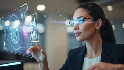 Confident businesswoman interacts with futuristic holographic interface technology - Powered by Adobe