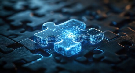 glowing translucent blue glass puzzle piece resting on dark jigsaw background, mysterious and futuristic mood