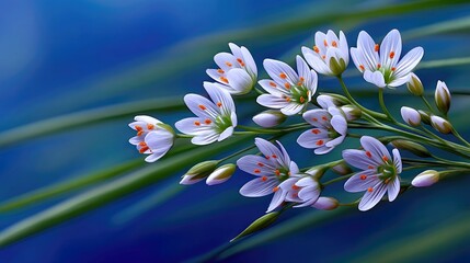 A close-up shot of delicate white wildflowers with vibrant orange stamens, set against a blurred deep blue background with green foliage.